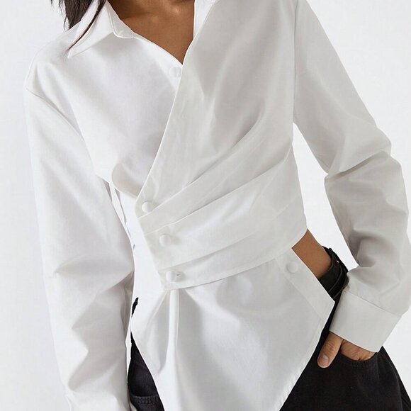 White Minimalist Women's Elegant Long Sleeve button detailed Shirt - Picture 2 of 8